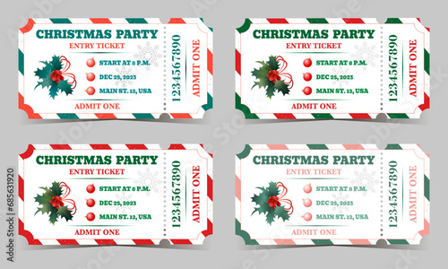 Set of Christmas colorful party ticket for admit one photo