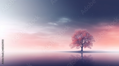 Serene Blossom Tree Reflecting on Water, Ethereal Spring Beauty © _veiksme_