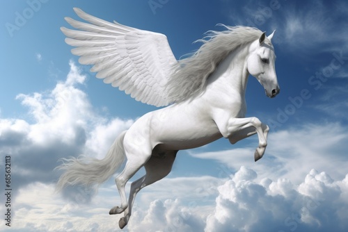 Graceful Pegasus horse flying in the clouds. Mythical legendary fairytale tenderness horse. Generate ai