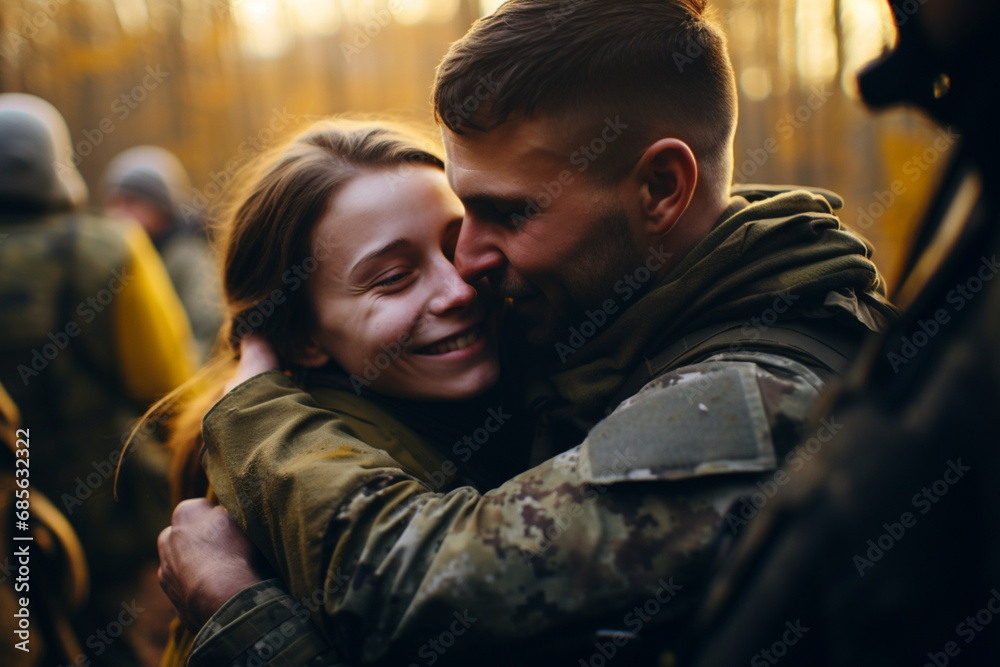 Fototapeta premium Soldier's family, cinematic homecoming of a Ukrainian soldier surprising his family, emphasizing joy and relief. a shallow depth of field, creating a dreamlike atmosphere