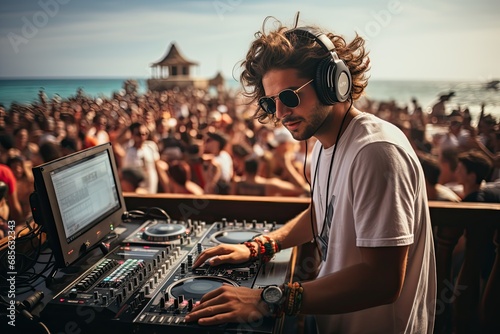 dj with headphones mixing music on the beach with crowd photo
