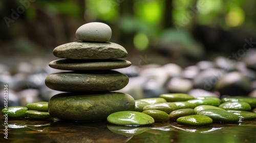 Zen Stone Stack by Water, Symbol of Balance and Calm.