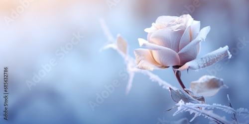 A white rose with frost. Copyspace  place for text  panoramic banner. Beautiful winter flowers.