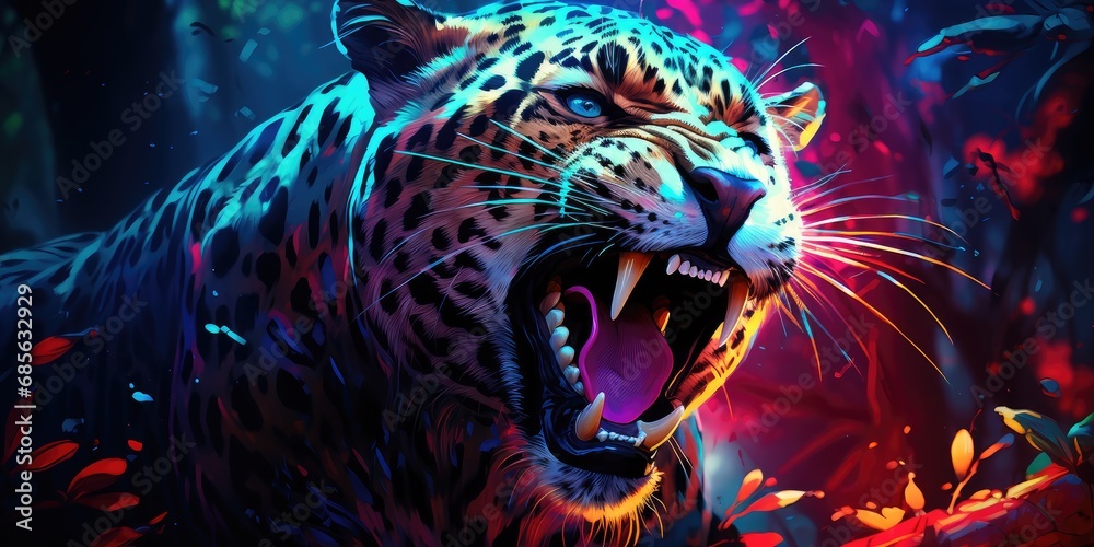Tiger neon color palette, animal portrait painting