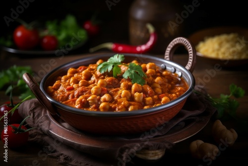 Serving Indian channa masala pan. Cooked chickpeas curry with tomatoes sauce. Generate ai