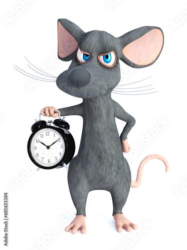 3D rendering of a grumpy cartoon mouse holding alarm clock.