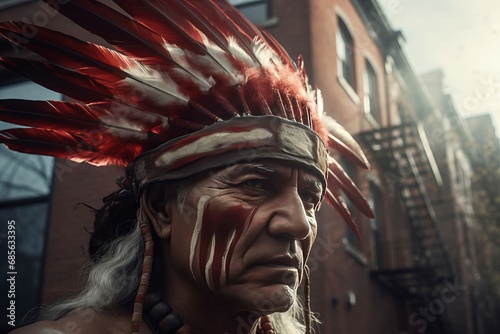 Indian chief with feather crown on city street. Native tribal headman on modern town avenue. Generate ai photo