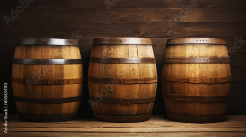 Three wooden barrels on wooden background in cellar of vinery. Generative AI