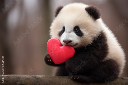 a giant panda bear in the zoo with a big red heart, Adorable newborn panda holding a red heart on Valentine's Day, HDR, AI Generated photo