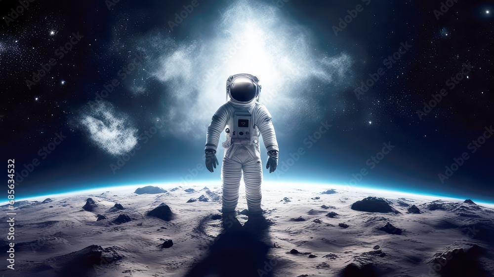 An astronaut wearing space suit standing on other planet.Space adventure, galaxy exploration mission in outer space,sci-fi concept.Generative AI