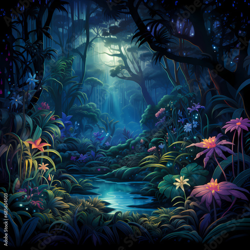 pattern that envisions a spectral and enchanted jungle scene during the mysterious hours of the night