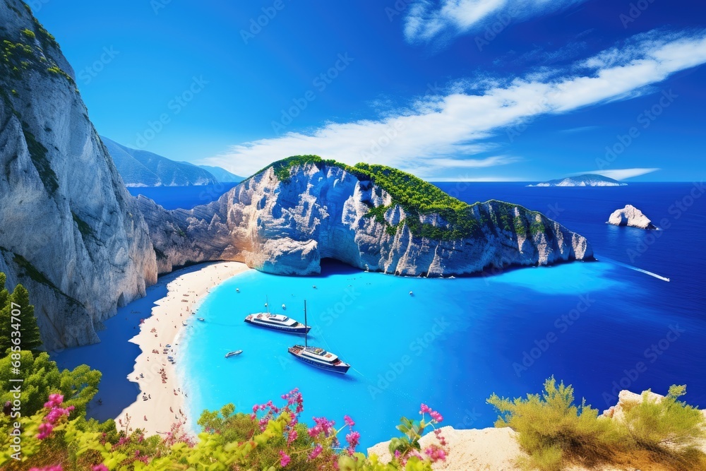 Obraz na płótnie Navagio beach in Zakynthos island, Greece, Amazing Navagio Beach in Zakynthos Island, Greece, AI Generated w salonie