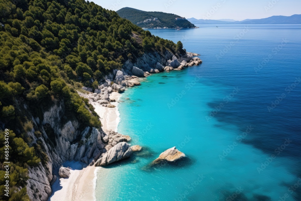 Aerial view of the beautiful beach in Kefalonia, Greece, An aerial flight with a drone over the famous beach of Kavalikefta on the island of Lefkada in the Ionian Sea in Greece, AI Generated
