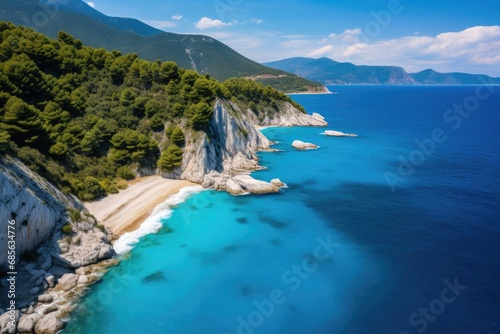 Beautiful seascape of Kefalonia island, Greece, An aerial flight with a drone over the famous beach of Kavalikefta on the island of Lefkada in the Ionian Sea in Greece, AI Generated