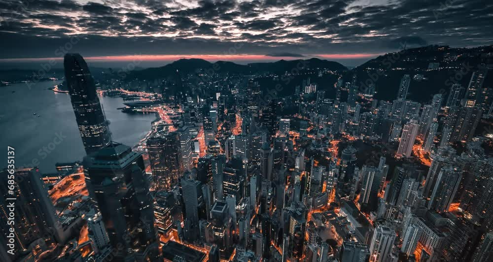 Aerial view of Hong Kong city at sunset