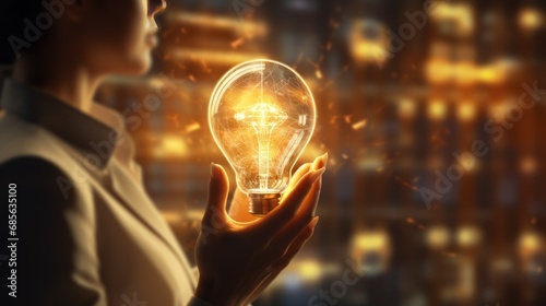 Business woman's hand touching a light bulb introduces a digital neural network. Cyberspace of the future