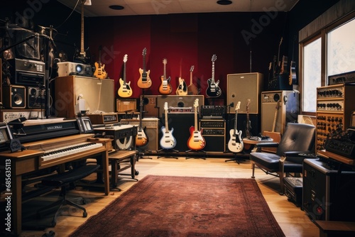Guitar shop in the old school style, vintage toned, An indoor recording studio with guitars, amps, and pianos, AI Generated photo