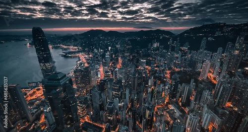 Aerial view of Hong Kong city at sunset photo
