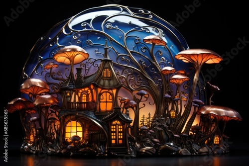A lighted house with mushrooms and a moon in the background.