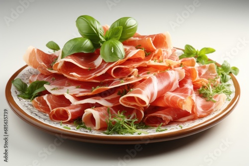 A plate of sliced meat with a sprig of basil on top.