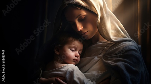 The Virgin Mary holds Jesus Christ in her arms. photo