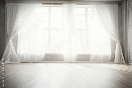 Backlit window with white curtains in empty room. generative ai.