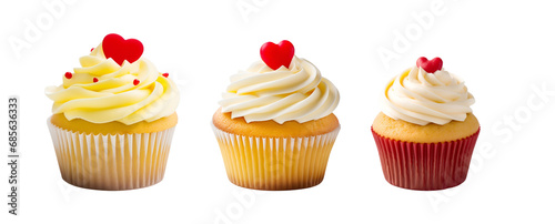 Valentine’s Day Lemon Flavoured Heart Shaped Cream Cupcake Muffins: Set with Design Mockup Template, Isolated on Transparent Background, PNG