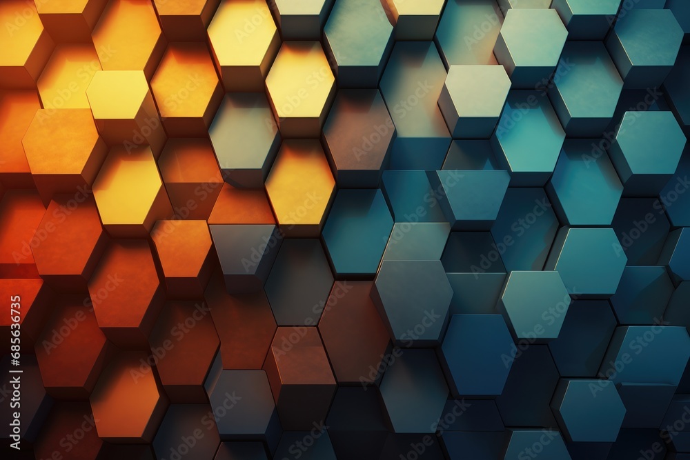 3d rendering of abstract hexagon shape background in blue and orange color, Abstract background with hexagons, AI Generated - obrazy, fototapety, plakaty 