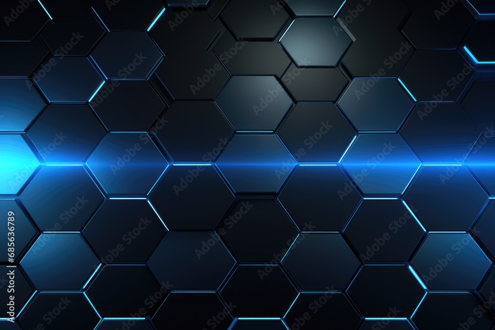 Dark blue hexagon background with glowing lines. 3D Rendering, Abstract hexagonal geometric ultra-wide background, Structure of lots of hexagons of carbon fiber, AI Generated