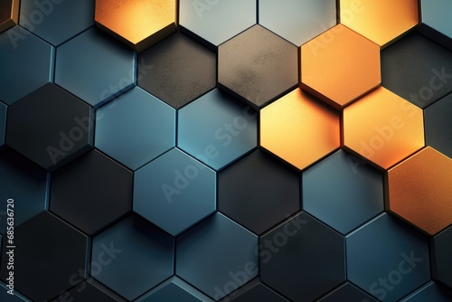 3d rendering of abstract metallic background with hexagons in black, blue and golden colors, Abstract background with hexagons, AI Generated