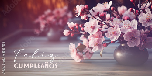 Feliz Cumpleanos means Happy Birthday in Spanish. A vase filled with pink flowers, spring sakura twig. photo