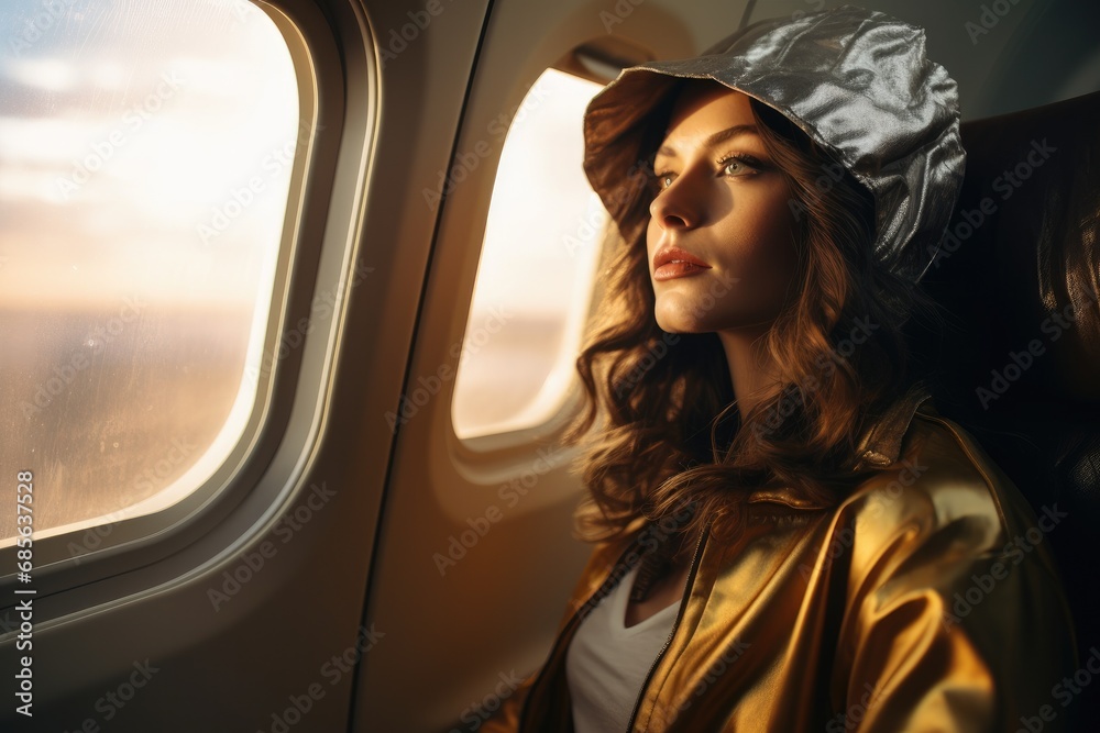 A Woman Gazes Out Of Airplane Window