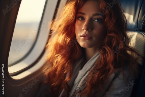 A Woman Gazes Out Of Airplane Window © ChaoticMind