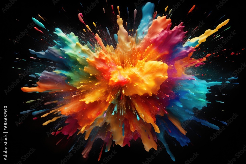 Colorful explosion of paint on a black background. Close-up, Abstract colorful explosion on a black background, AI Generated