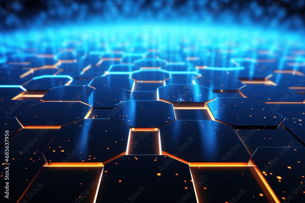 Obraz premium Abstract technology background with hexagons and glowing lines. 3D rendering, 3D rendering of an abstract hexagon background with blue neon lights, AI Generated