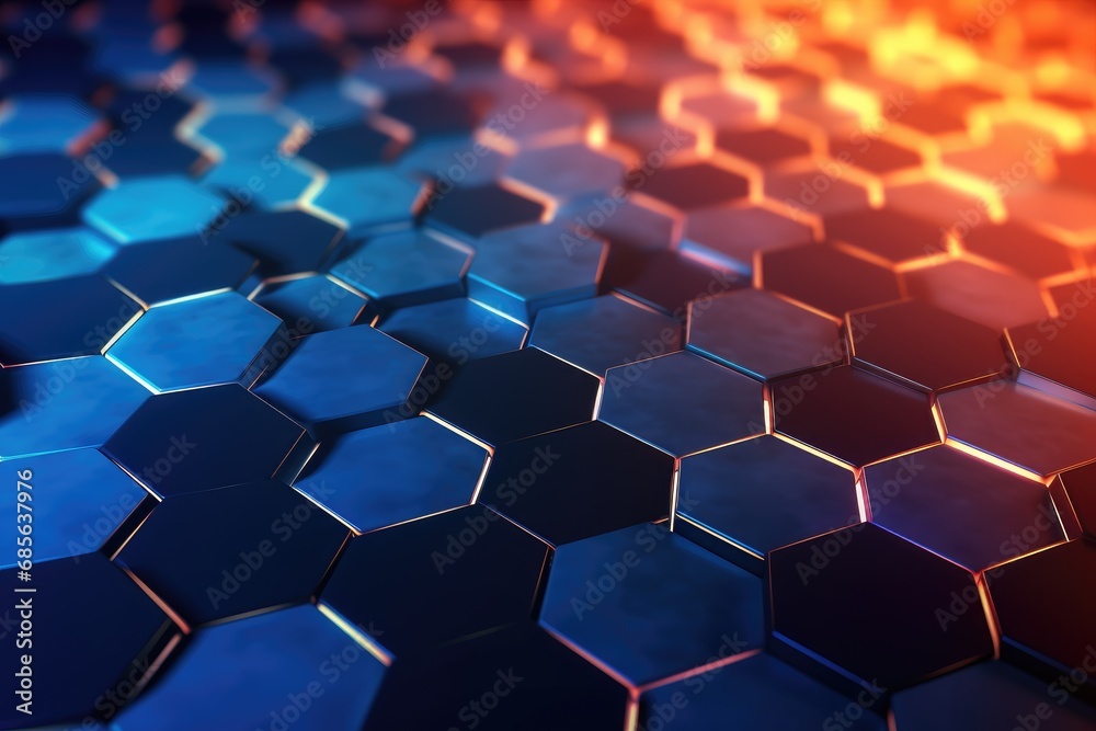 3D rendering of abstract background with hexagons in blue and orange colors, 3D rendering of an abstract hexagon background with blue neon lights, AI Generated - obrazy, fototapety, plakaty 
