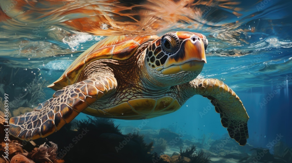 Fototapeta premium A turtle swimming under the water in the ocean.
