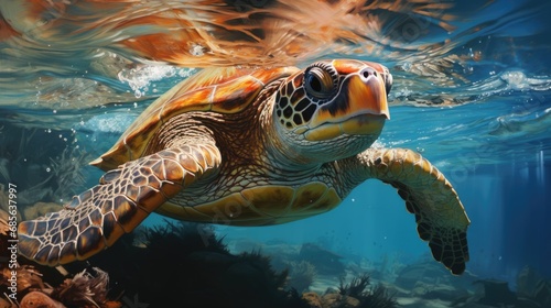 A turtle swimming under the water in the ocean.