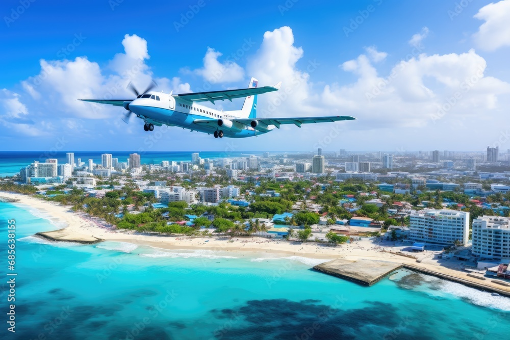 Naklejka premium Airplane in the blue sky over the beach. 3d rendering, Aerial view of lower Manhattan, New York City, AI Generated
