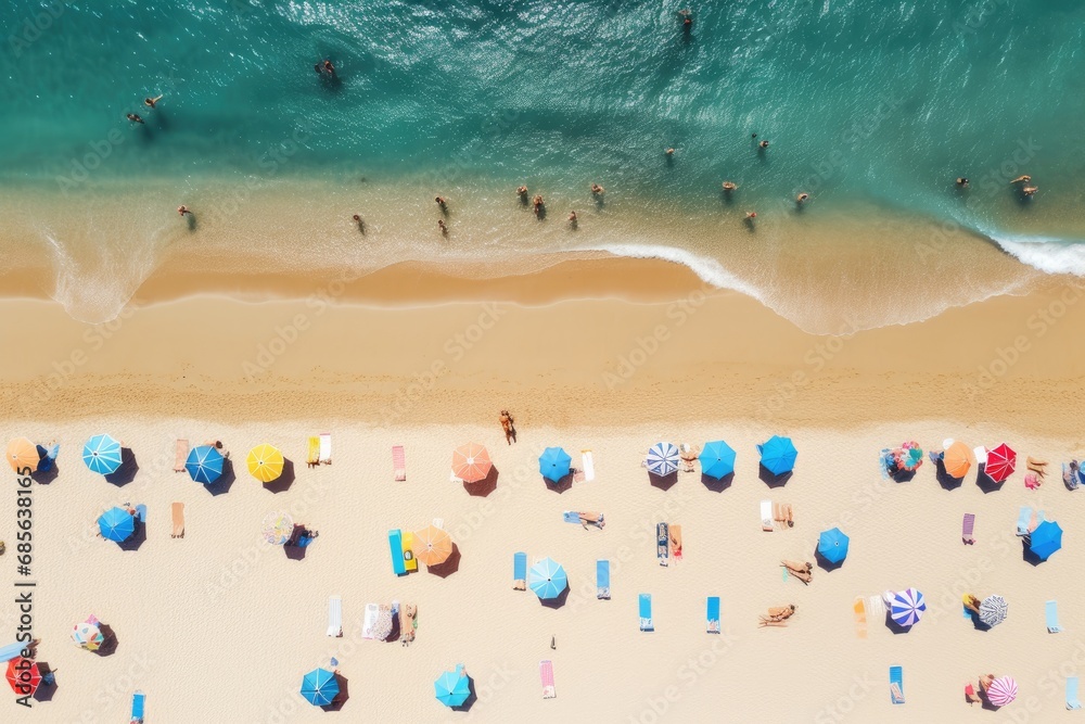 Aerial view of people relaxing on the beach in summer. Top view from drone, Aerial view of people sunbathing on the beach in summer, AI Generated