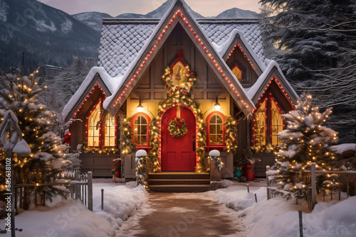 Wooden house in a small mountain town  decorated for Christmas