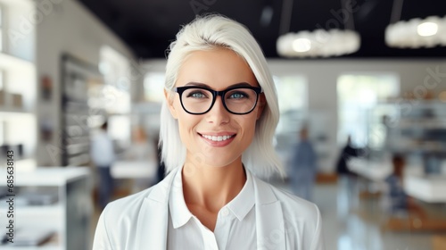 White-haired female salesperson wearing glasses