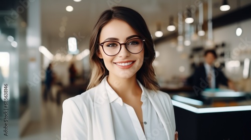 White-haired female salesperson wearing glasses