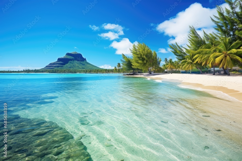 Fototapeta premium Beautiful tropical beach in Maldives with few palm trees and blue lagoon, Amazing white beaches of Mauritius island, Tropical vacation, AI Generated