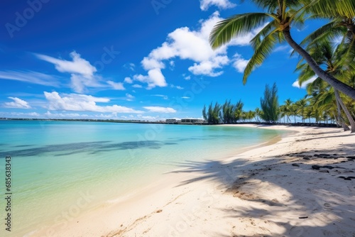 tropical beach with coconut palm trees and turquoise water, Amazing white beaches of Mauritius island, Tropical vacation, AI Generated