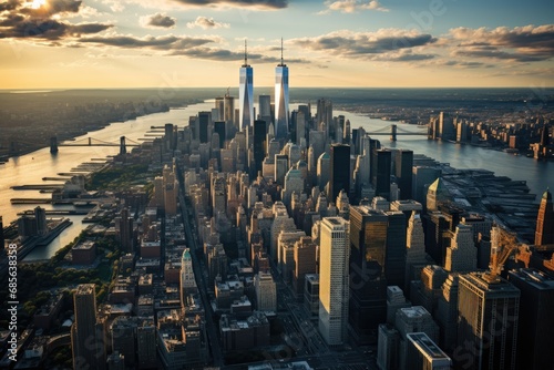 New York City skyline at sunset with skyscrapers and river, Aerial views of the Downtown Manhattan Skyline, AI Generated © Ifti Digital