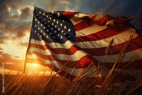 American flag in the field at sunset. 3d illustration. Vintage style, American flag waving in the wind at sunset, AI Generated