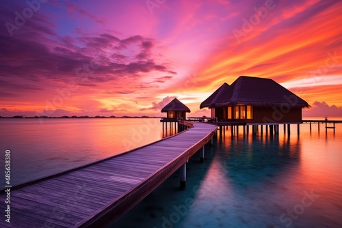 Beautiful sunset at Maldives islands with water bungalows, An amazing sunset landscape, Picturesque summer sunset in the Maldives, Luxury resort villas seascape, AI Generated