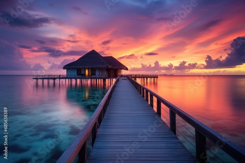 tropical beach at Maldives with few palm trees and blue lagoon, An amazing sunset landscape, Picturesque summer sunset in the Maldives, Luxury resort villas seascape with, AI Generated
