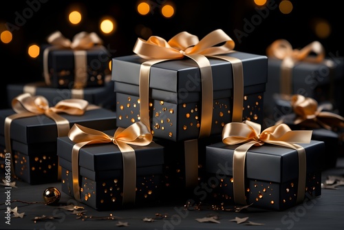 Christmas gifts wrapped in black paper with golden bows, presenting a luxurious and festive look.